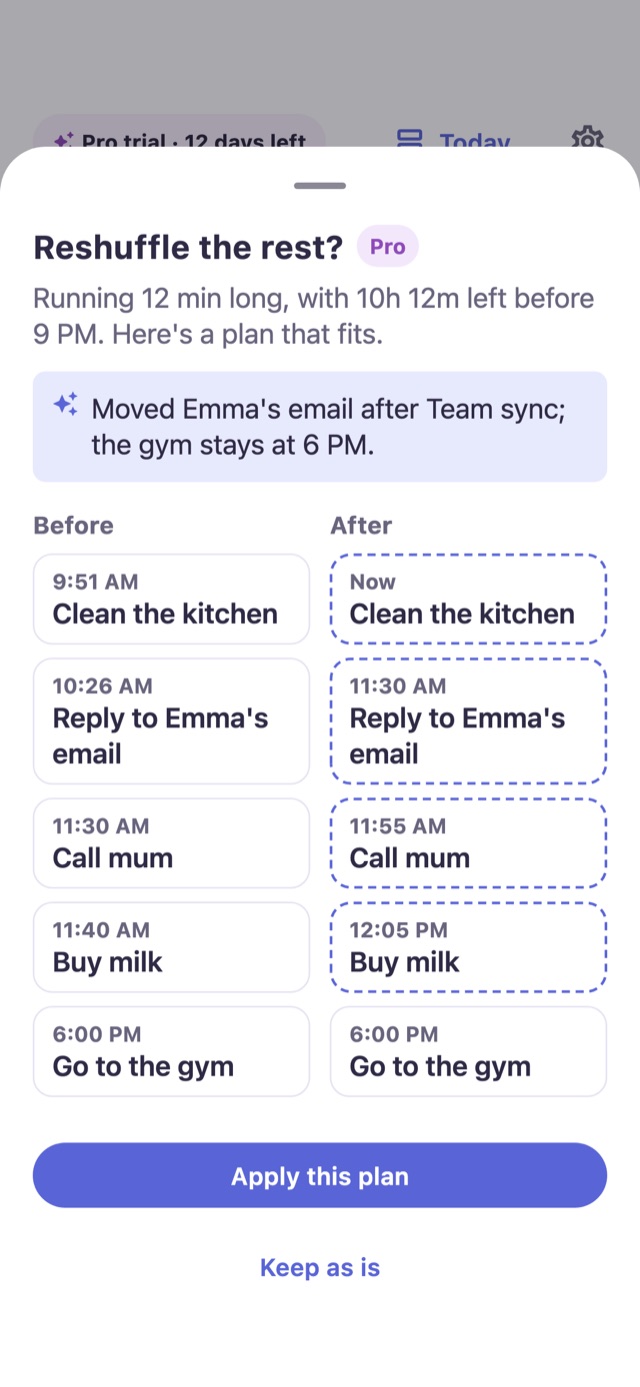 The Reshuffle sheet comparing the plan before and after, with Apply this plan and Keep as is.